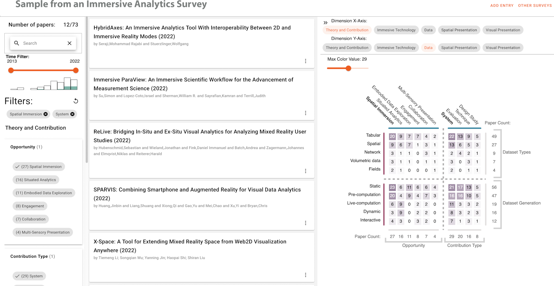 Screenshot of Indy Survey tool showing filter sliders, scented widgets, and other filter widgets on the left; a list of papers in the middle; and an adjacency matrix on the right.